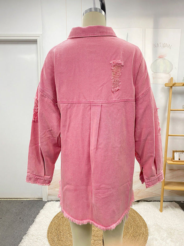 Blue Zone Planet | Coat mid-length style ripped loose denim shirt jacket BLUE ZONE PLANET