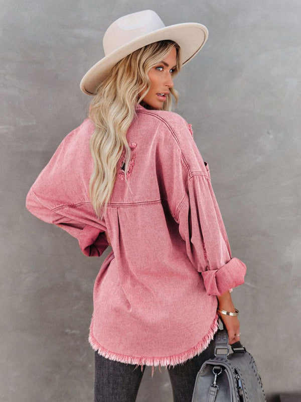 Blue Zone Planet | Coat mid-length style ripped loose denim shirt jacket BLUE ZONE PLANET