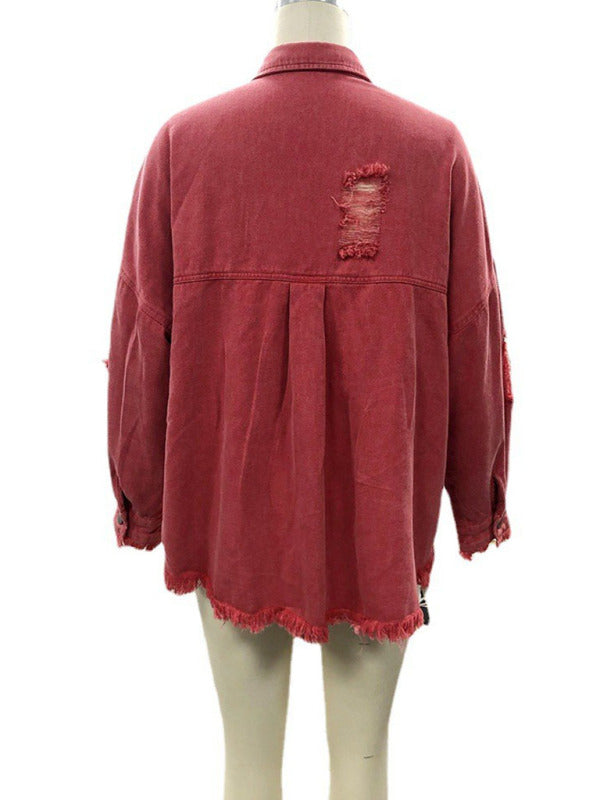 Blue Zone Planet | Coat mid-length style ripped loose denim shirt jacket BLUE ZONE PLANET