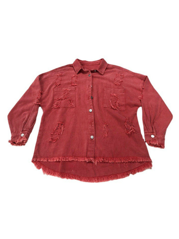 Blue Zone Planet | Coat mid-length style ripped loose denim shirt jacket BLUE ZONE PLANET