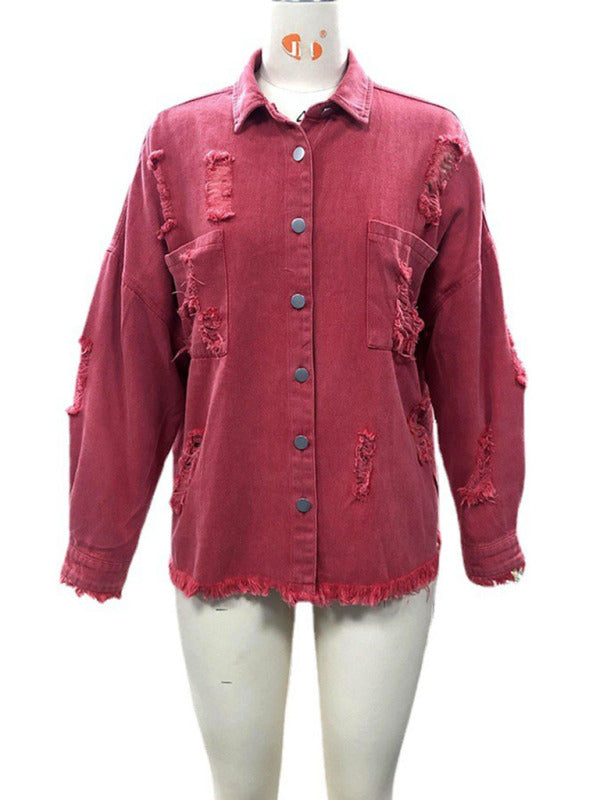 Blue Zone Planet | Coat mid-length style ripped loose denim shirt jacket BLUE ZONE PLANET