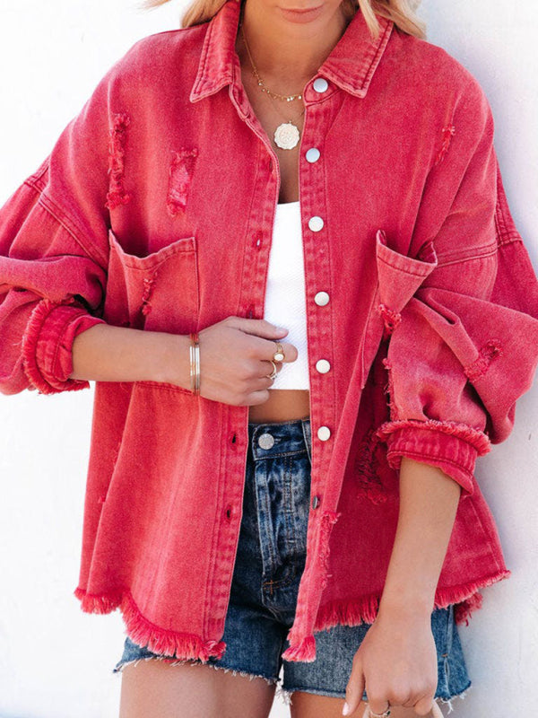 Blue Zone Planet | Coat mid-length style ripped loose denim shirt jacket BLUE ZONE PLANET