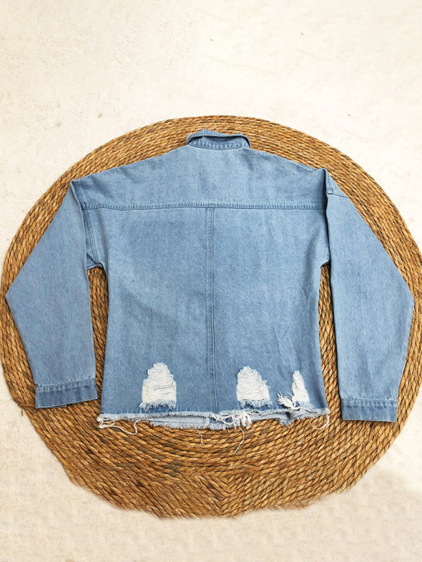 Ripped mid-length denim jacket washed retro jacket long sleevesblouse kakaclo