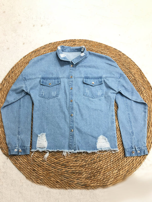 Ripped mid-length denim jacket washed retro jacket long sleevesblouse kakaclo