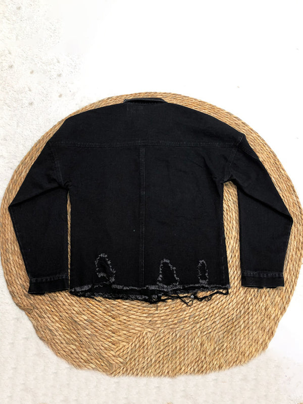 Ripped mid-length denim jacket washed retro jacket long sleevesblouse kakaclo