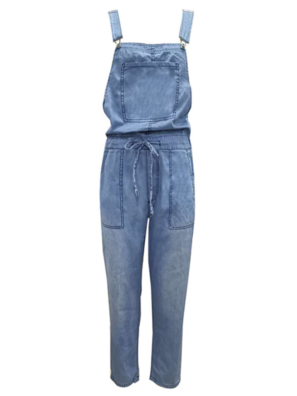 Blue Zone Planet | Denim Jumpsuit Loose Elastic Mid Waist Jumpsuit Pants BLUE ZONE PLANET