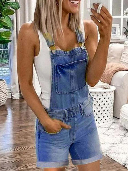 Blue Zone Planet | Denim Overalls Washed Denim Shorts BLUE ZONE PLANET
