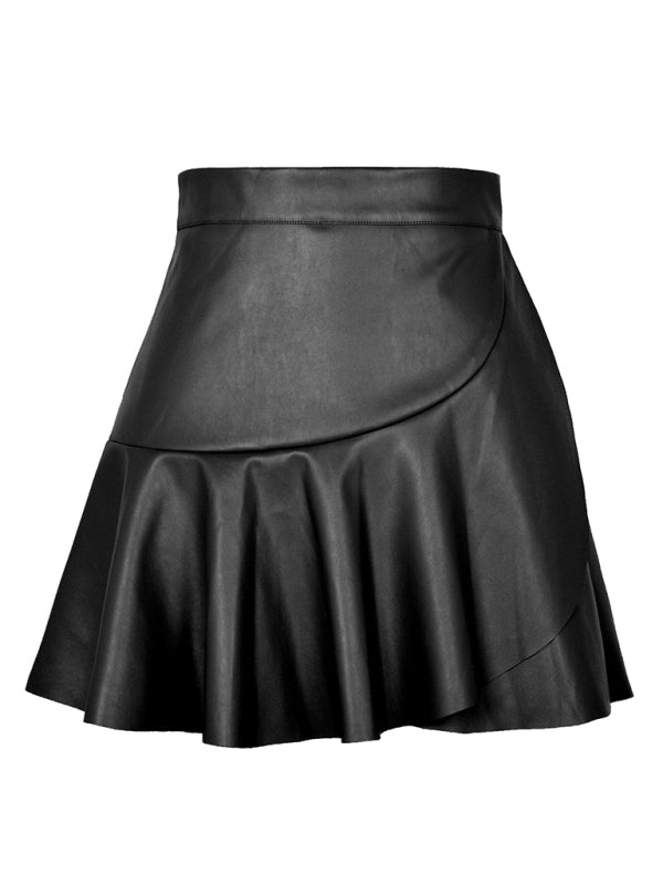 High Waist Ruffle Irregular Sexy Babes PU Skirt kakaclo