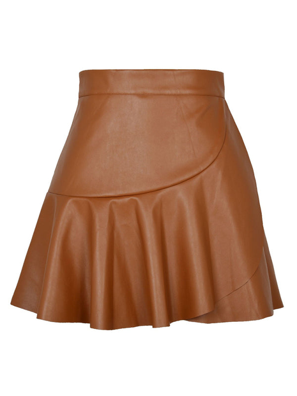 High Waist Ruffle Irregular Sexy Babes PU Skirt kakaclo
