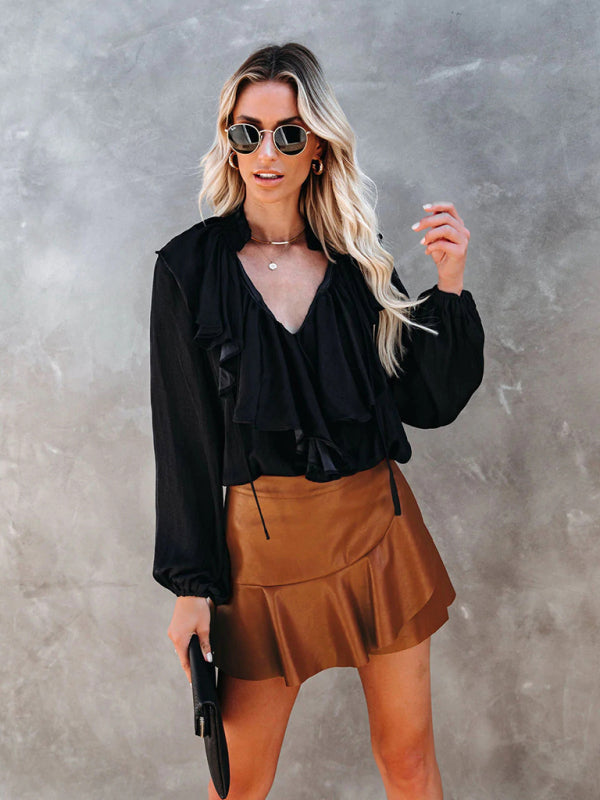 High Waist Ruffle Irregular Sexy Babes PU Skirt kakaclo