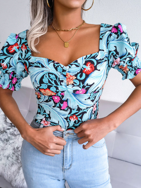 Blue Zone Planet | Square Neck Floral Chiffon Shirt Top BLUE ZONE PLANET