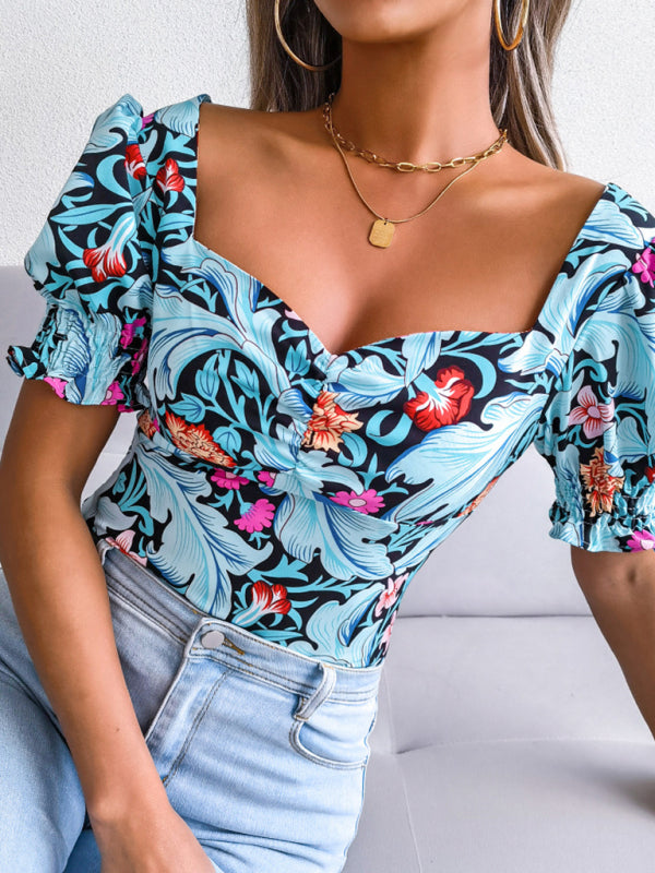 Blue Zone Planet | Square Neck Floral Chiffon Shirt Top BLUE ZONE PLANET