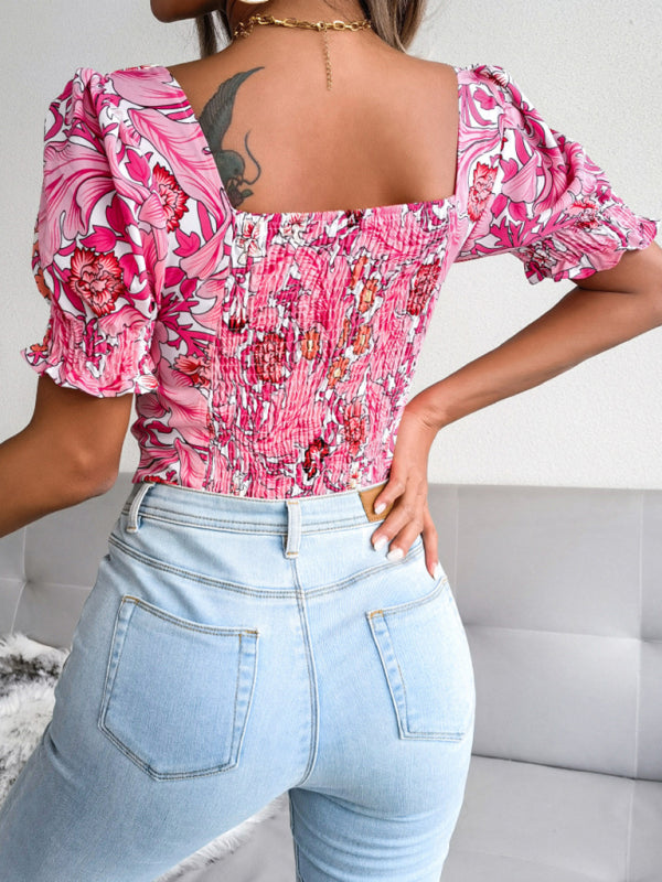 Blue Zone Planet | Square Neck Floral Chiffon Shirt Top BLUE ZONE PLANET