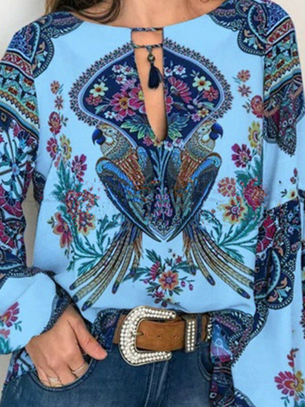 Blue Zone Planet | Digital Printing Round Neck Balloon Sleeve Shirt blouse BLUE ZONE PLANET