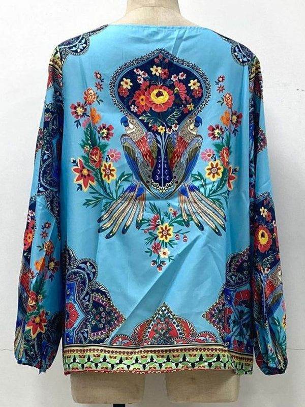 Blue Zone Planet | Digital Printing Round Neck Balloon Sleeve Shirt blouse BLUE ZONE PLANET