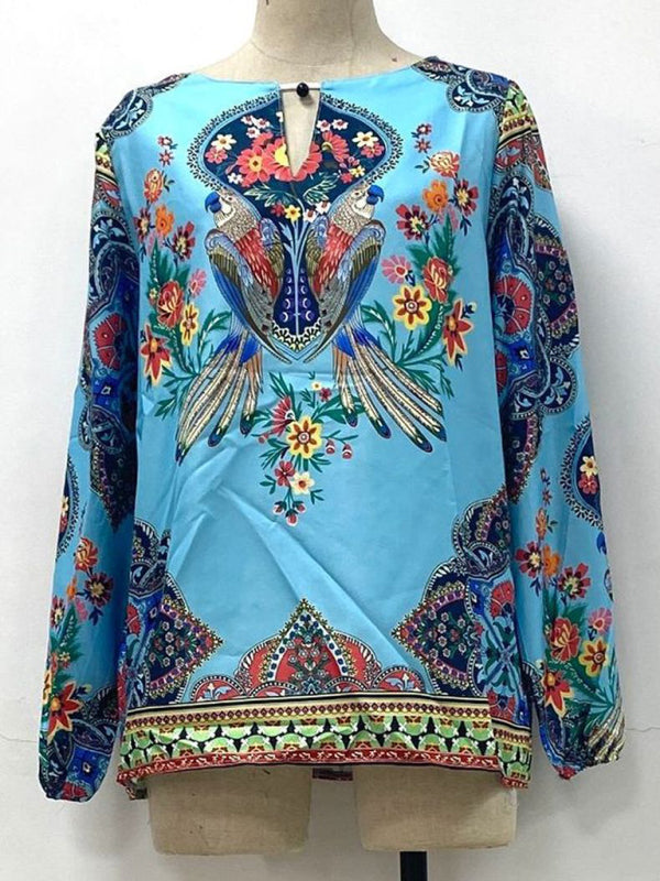 Blue Zone Planet | Digital Printing Round Neck Balloon Sleeve Shirt blouse BLUE ZONE PLANET