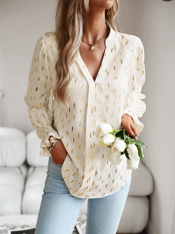 Blue Zone Planet | v-neck bronzing polka dot long-sleeved shirt blouse BLUE ZONE PLANET