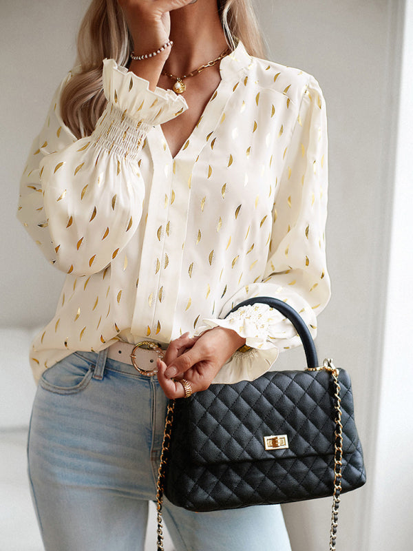 Blue Zone Planet | v-neck bronzing polka dot long-sleeved shirt blouse BLUE ZONE PLANET