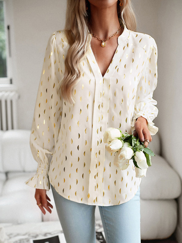 Blue Zone Planet | v-neck bronzing polka dot long-sleeved shirt blouse BLUE ZONE PLANET