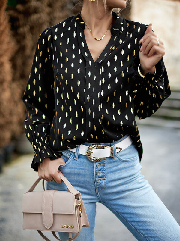 Blue Zone Planet | v-neck bronzing polka dot long-sleeved shirt blouse BLUE ZONE PLANET