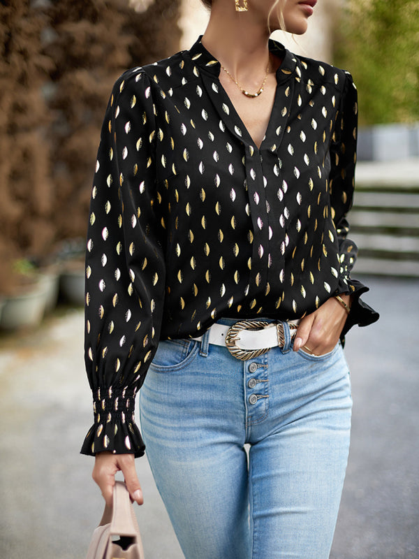 Blue Zone Planet | v-neck bronzing polka dot long-sleeved shirt blouse BLUE ZONE PLANET