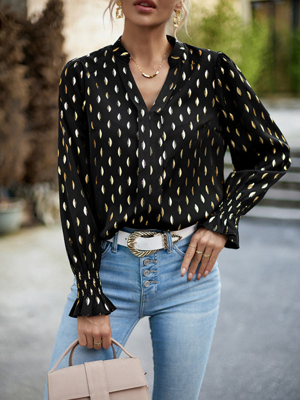 Blue Zone Planet | v-neck bronzing polka dot long-sleeved shirt blouse BLUE ZONE PLANET
