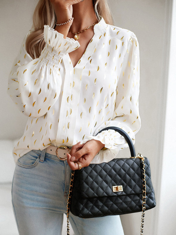 Blue Zone Planet | v-neck bronzing polka dot long-sleeved shirt blouse BLUE ZONE PLANET