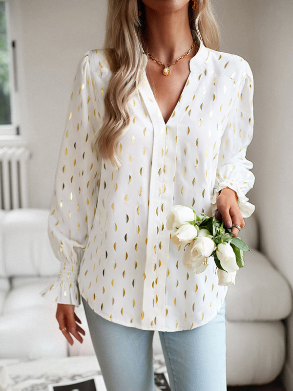 Blue Zone Planet | v-neck bronzing polka dot long-sleeved shirt blouse BLUE ZONE PLANET