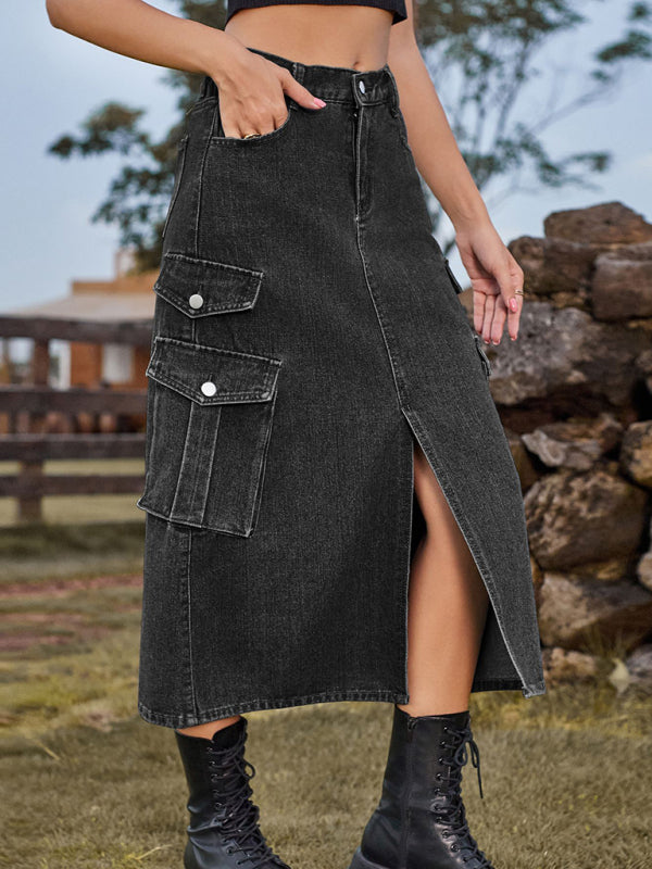 Elastic Waist Denim Cargo Casual Midi Skirt kakaclo