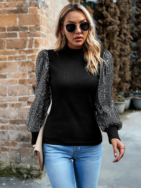 Blue Zone Planet | Women's Half Turtleneck Long Sleeve Sequin Stitching Knit Top BLUE ZONE PLANET