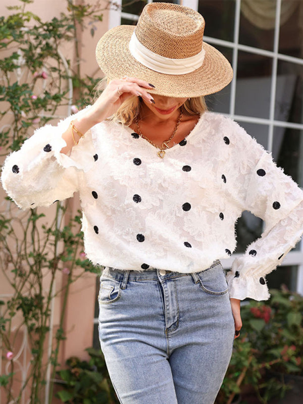 Blue Zone Planet | Women's Top Long Sleeve V Neck Polka Dot White Shirt BLUE ZONE PLANET