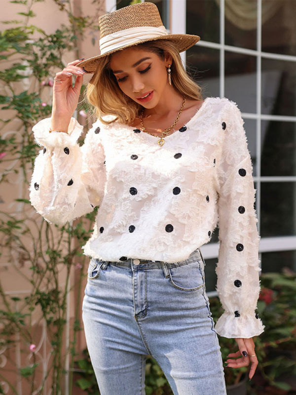 Blue Zone Planet | Women's Top Long Sleeve V Neck Polka Dot White Shirt BLUE ZONE PLANET