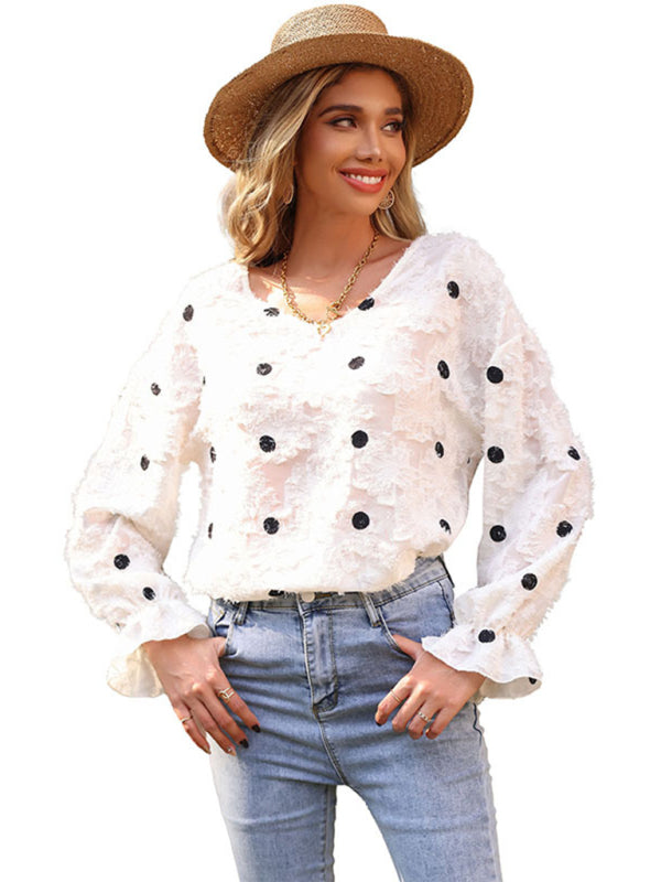 Blue Zone Planet | Women's Top Long Sleeve V Neck Polka Dot White Shirt BLUE ZONE PLANET