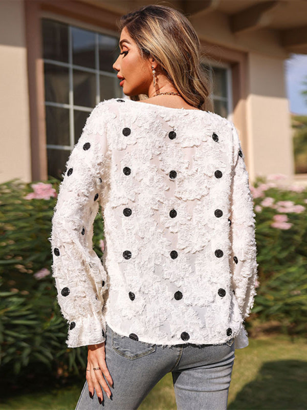 Blue Zone Planet | Women's Top Long Sleeve V Neck Polka Dot White Shirt BLUE ZONE PLANET