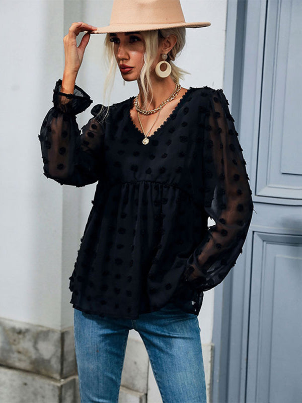 Blue Zone Planet | Tops Thin Loose V-Neck Long Sleeve Black Shirt BLUE ZONE PLANET