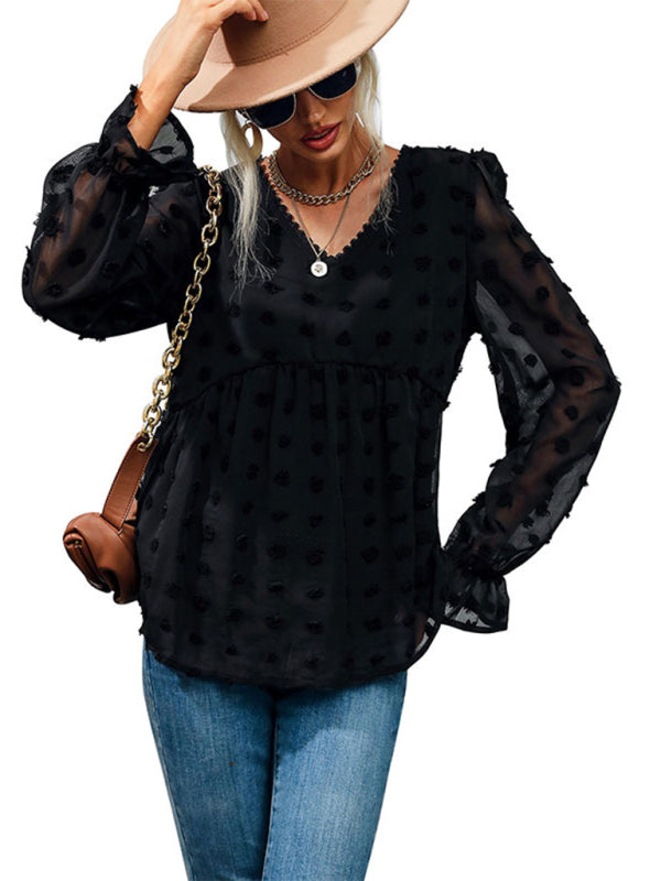Blue Zone Planet | Tops Thin Loose V-Neck Long Sleeve Black Shirt BLUE ZONE PLANET