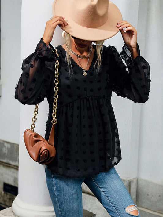Women's Fashion Tops Thin Loose V-Neck Long Sleeve Black Shirt