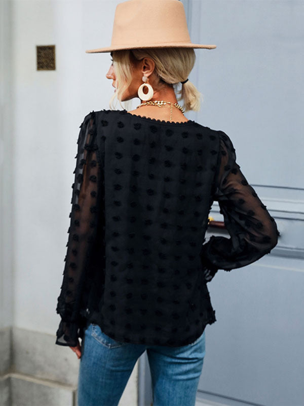 Blue Zone Planet | Tops Thin Loose V-Neck Long Sleeve Black Shirt BLUE ZONE PLANET