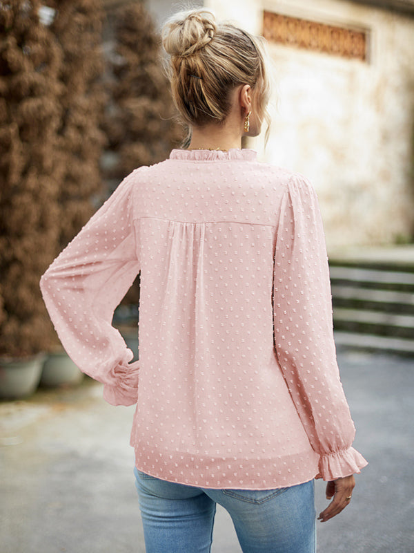 Blue Zone Planet | Temperament and elegant v-neck knotted long-sleeved top blouse BLUE ZONE PLANET