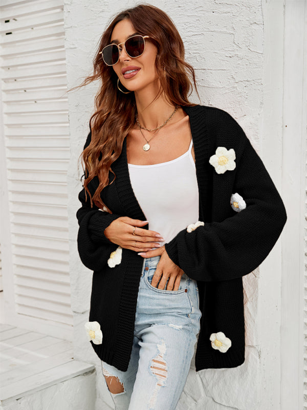 Blue Zone Planet | long-sleeved floral cardigan lantern sleeves knitted sweater jacket BLUE ZONE PLANET
