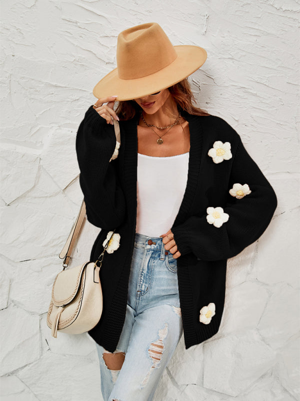 Blue Zone Planet | long-sleeved floral cardigan lantern sleeves knitted sweater jacket BLUE ZONE PLANET