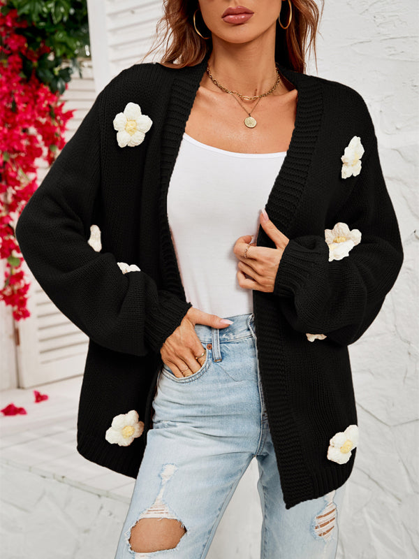 Blue Zone Planet | long-sleeved floral cardigan lantern sleeves knitted sweater jacket BLUE ZONE PLANET
