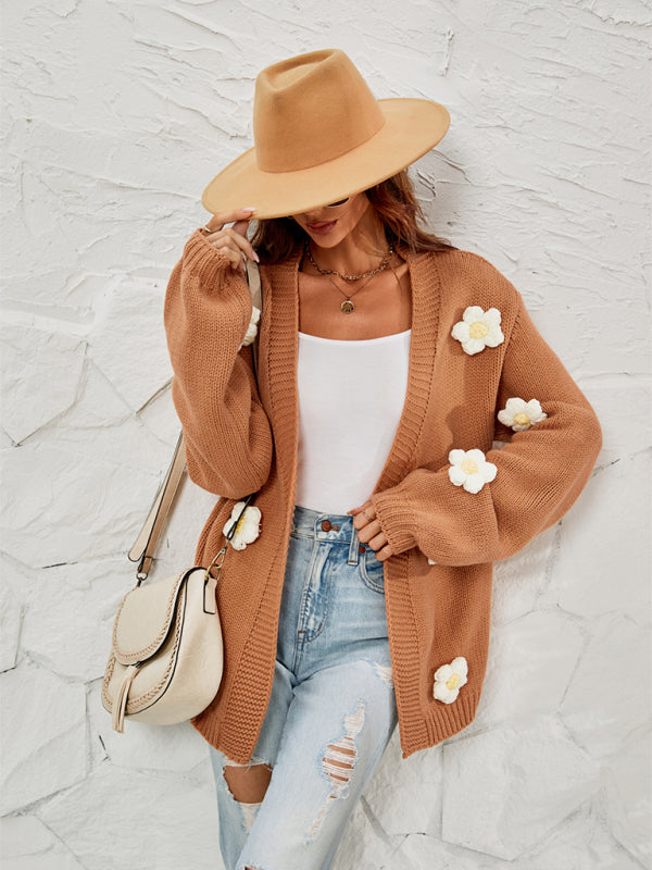 Blue Zone Planet | long-sleeved floral cardigan lantern sleeves knitted sweater jacket BLUE ZONE PLANET