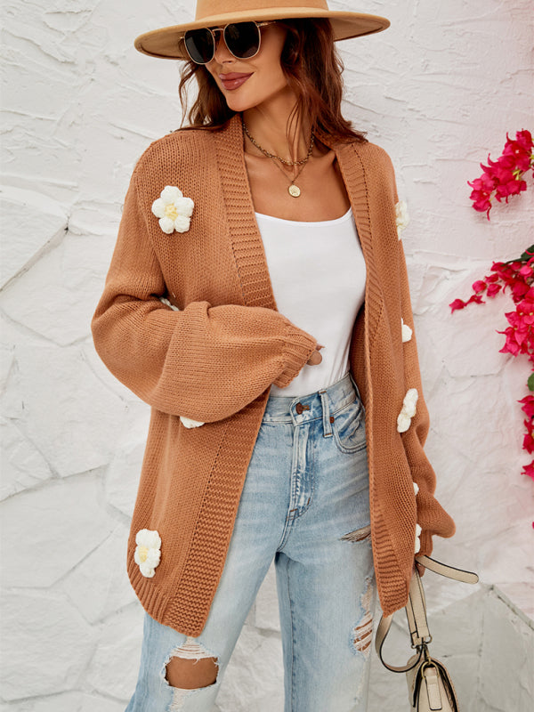 Blue Zone Planet | long-sleeved floral cardigan lantern sleeves knitted sweater jacket BLUE ZONE PLANET