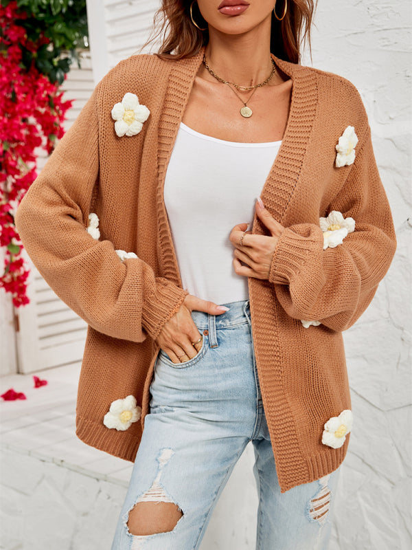 Blue Zone Planet | long-sleeved floral cardigan lantern sleeves knitted sweater jacket BLUE ZONE PLANET