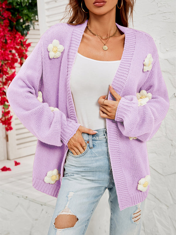 Blue Zone Planet | long-sleeved floral cardigan lantern sleeves knitted sweater jacket BLUE ZONE PLANET