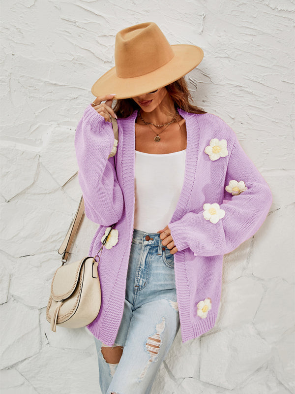 Blue Zone Planet | long-sleeved floral cardigan lantern sleeves knitted sweater jacket BLUE ZONE PLANET