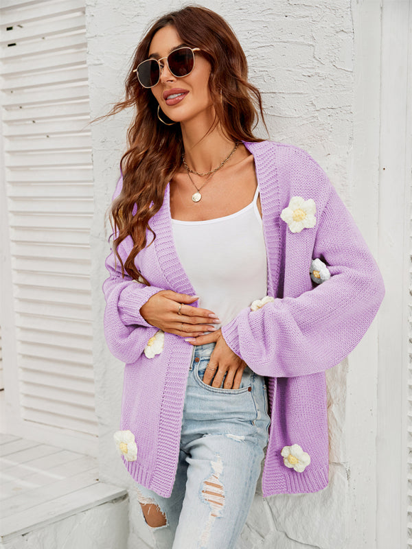 Blue Zone Planet | long-sleeved floral cardigan lantern sleeves knitted sweater jacket BLUE ZONE PLANET
