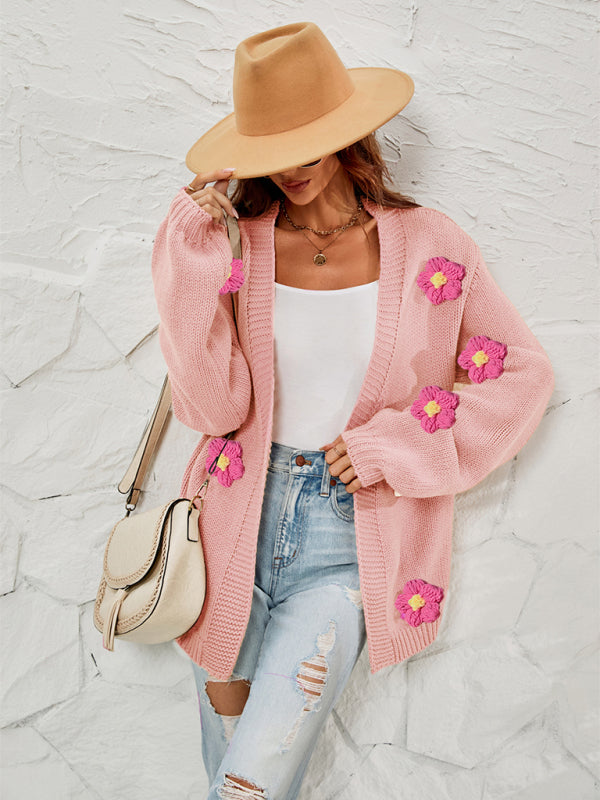 Blue Zone Planet | long-sleeved floral cardigan lantern sleeves knitted sweater jacket BLUE ZONE PLANET