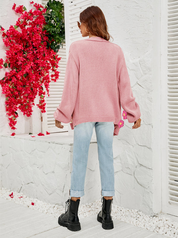 Blue Zone Planet | long-sleeved floral cardigan lantern sleeves knitted sweater jacket BLUE ZONE PLANET